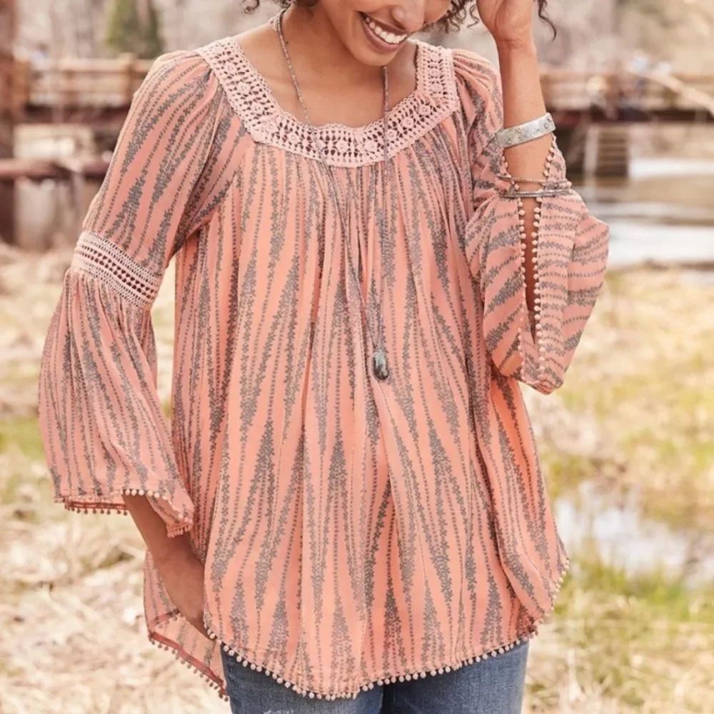 Sundance Rosabella Blouse – Peach Print, Boho Crochet Detail, Size Small